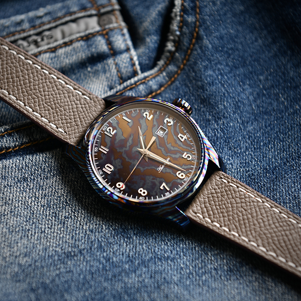 Colored damascus steel watch case with Swiss Super-LumiNova watch dial hands