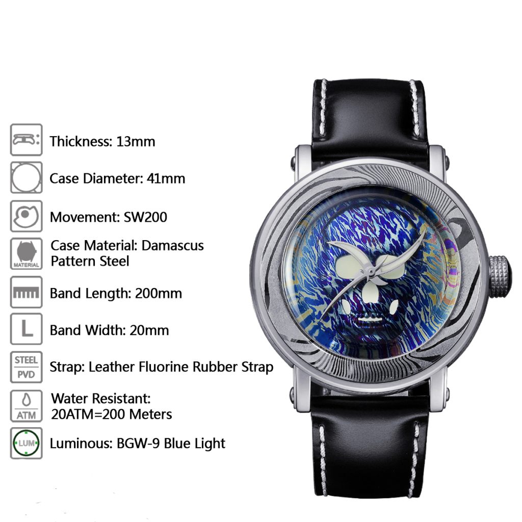 Custom damascus steel watch crown luminous logo special design