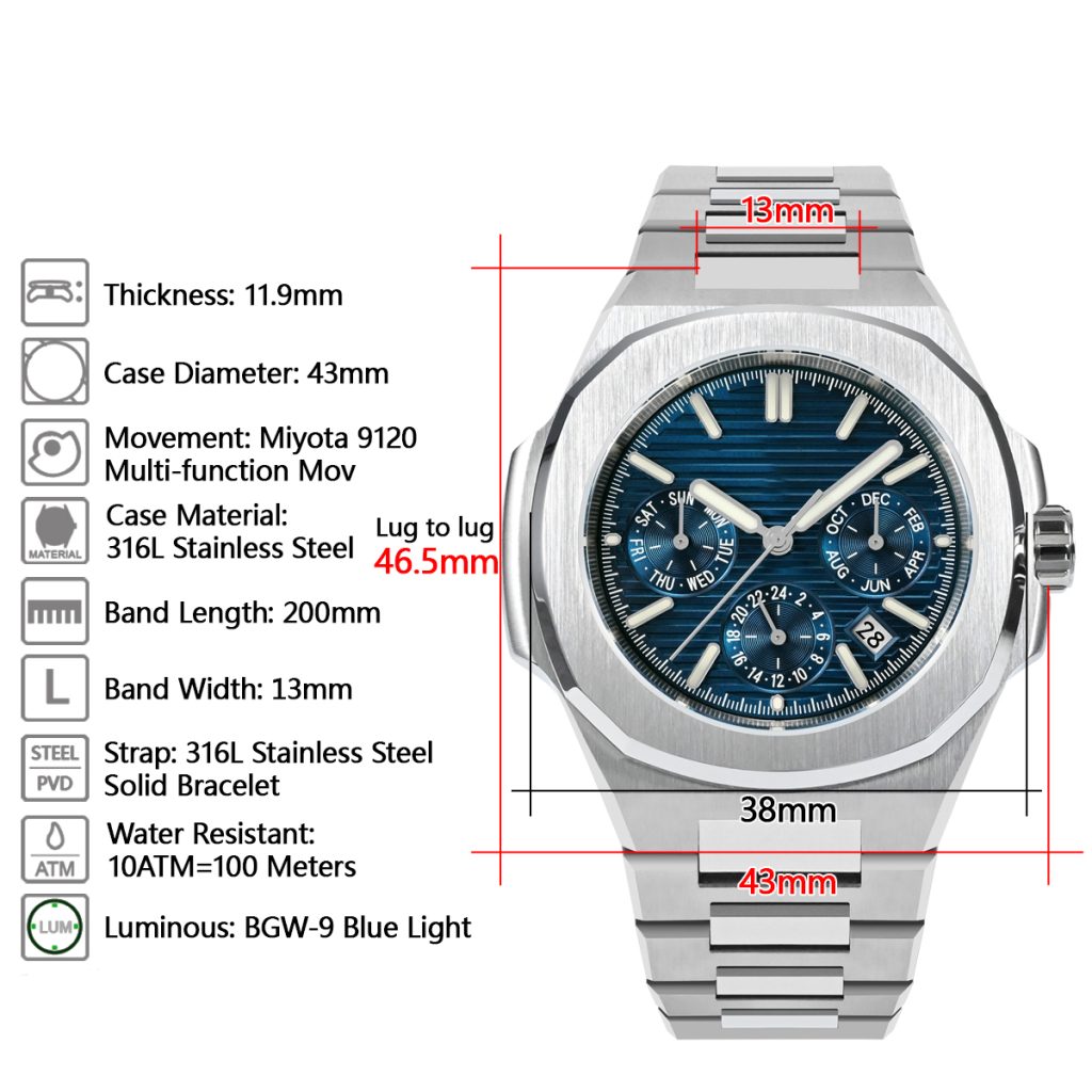 Customized watch organizer makes watch 200 meters water resistant with BGW9 luminous