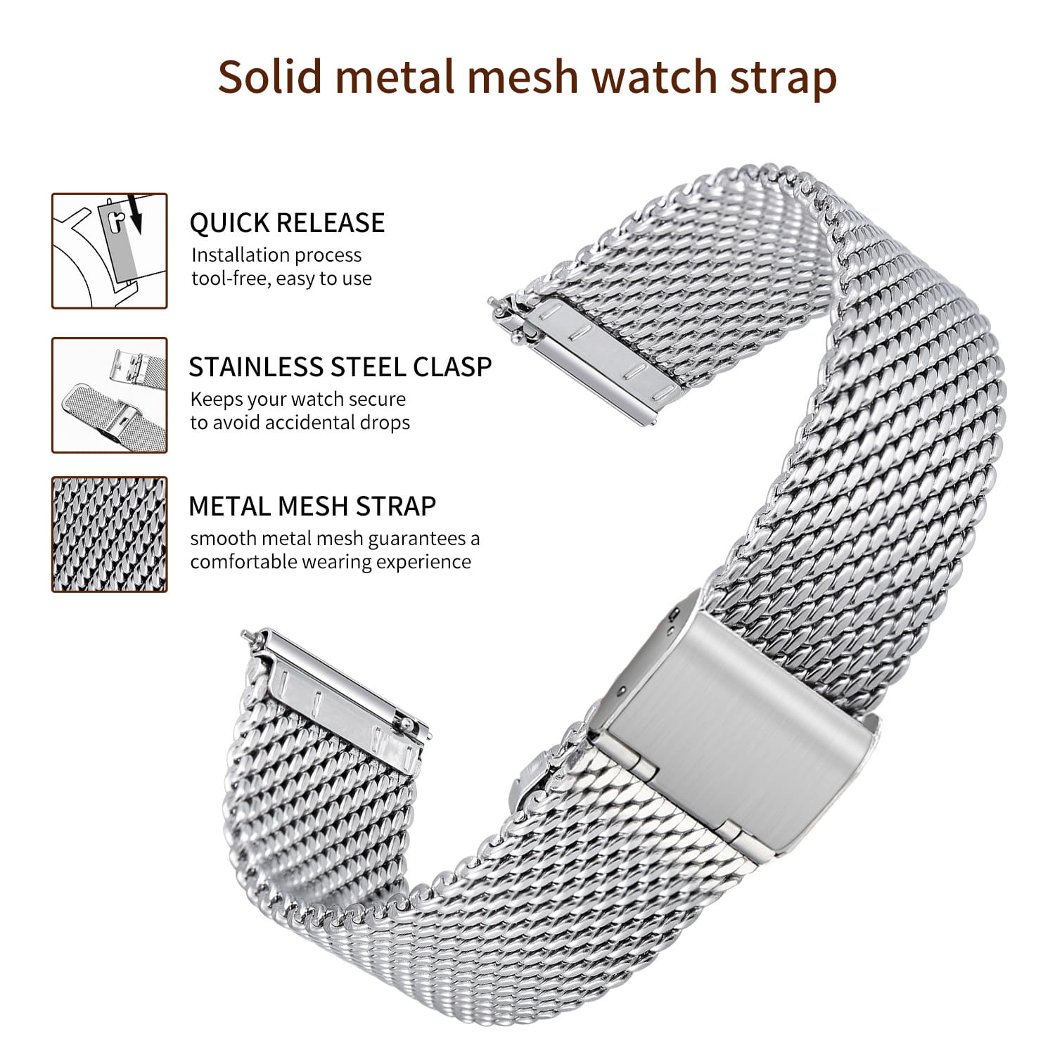 stainless steel mesh band with safety buckle Stainless Steel Metal Mesh Quick Release Strap Milanese Bracelet Replacement,stainless steel mesh watch bands,watch mesh band adjust - stainless steel mesh band with safety buckle