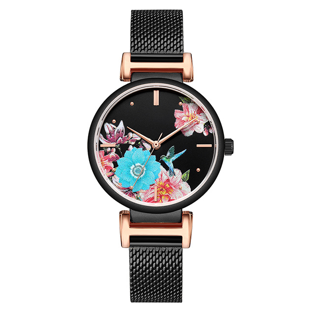 Pineapple leather strap lady watches with custom 3D flowers dial